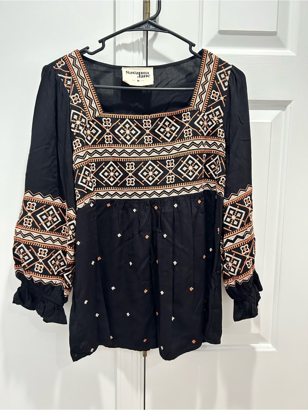 Savanna Jane Black Embroidered Square-Neck Peasant Blouse